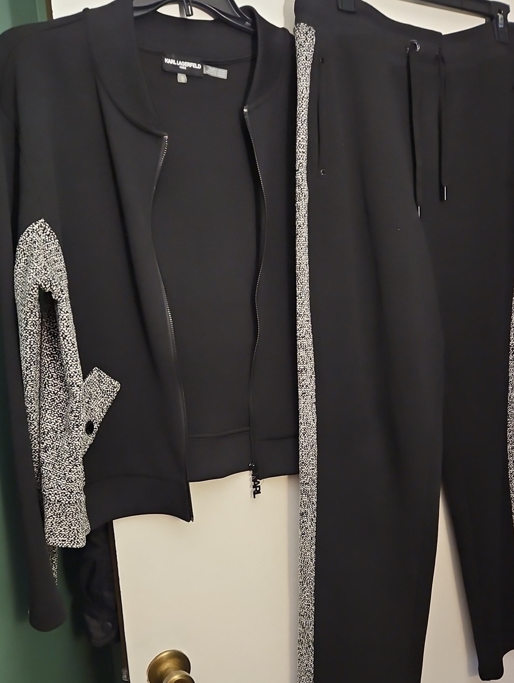 Karl Lagerfeld Black Jacket and Pants with White Speckle Trim
